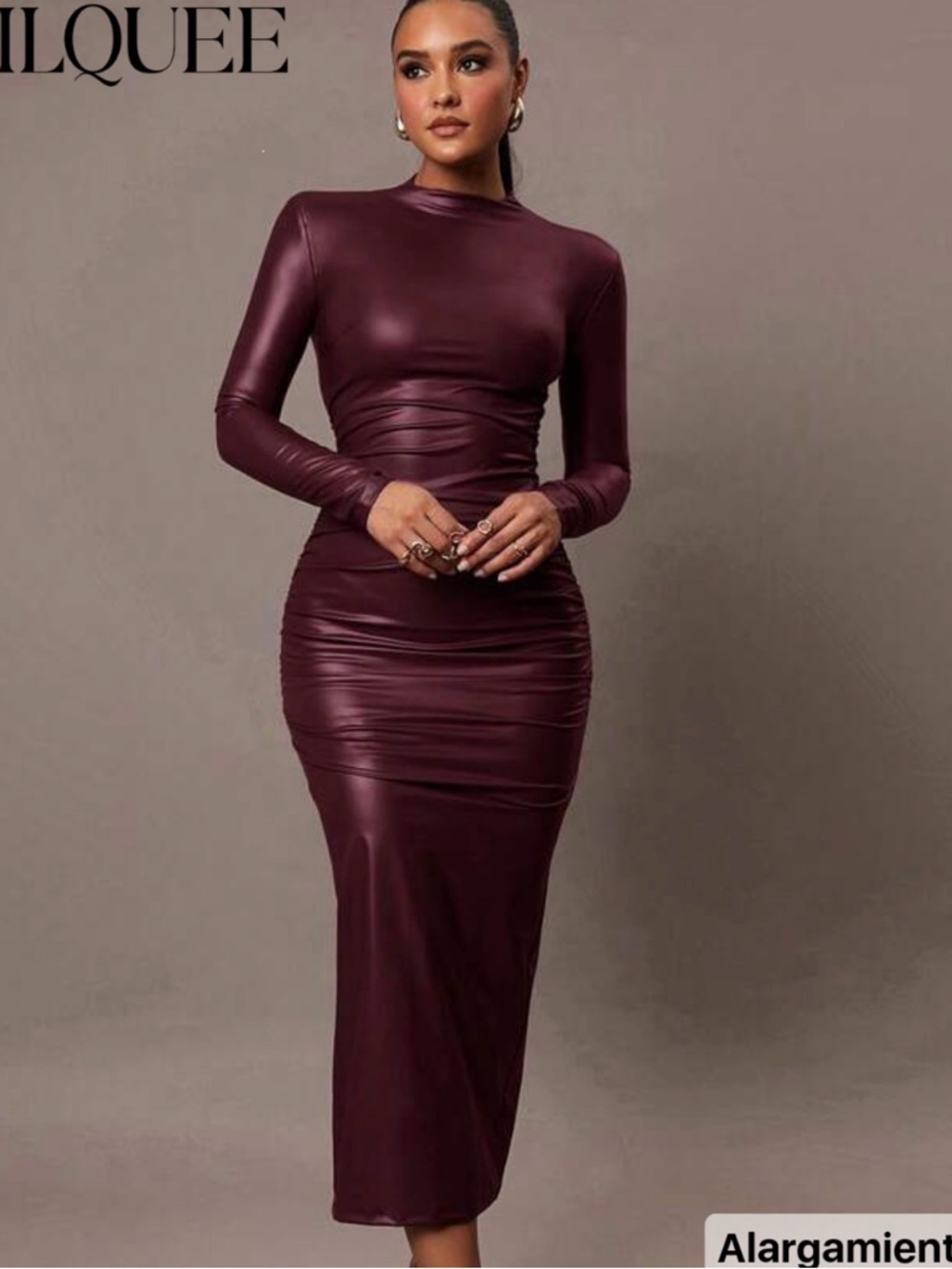Sleek Long-Sleeve Midi Dress in Deep Wine